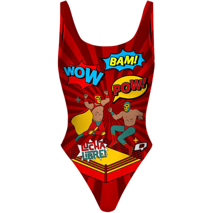 Mexican Wrestlers Fight - High Hip One Piece Swimsuit
