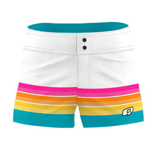 White Block & Multicolor Stripes - Women Board Shorts