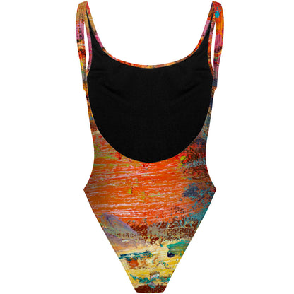 Orange Oil On Canvas - High Hip One Piece Swimsuit